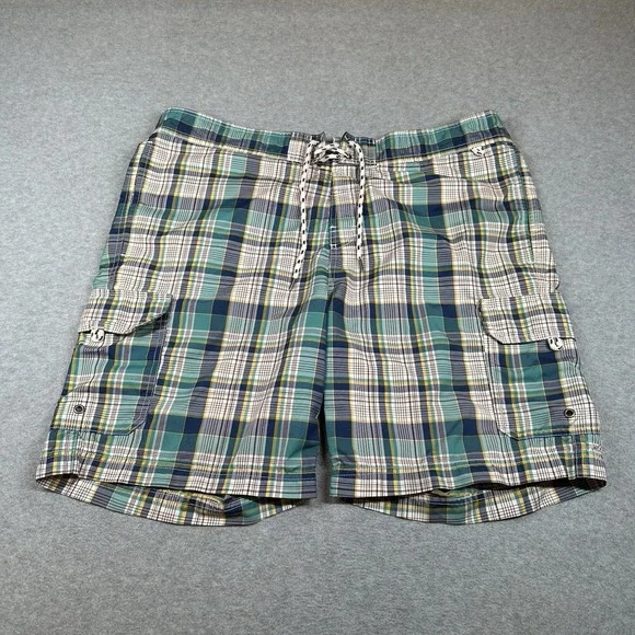 Lands' End Swim Lands End Swim Trunks Mens L Green Plaid Cargo
